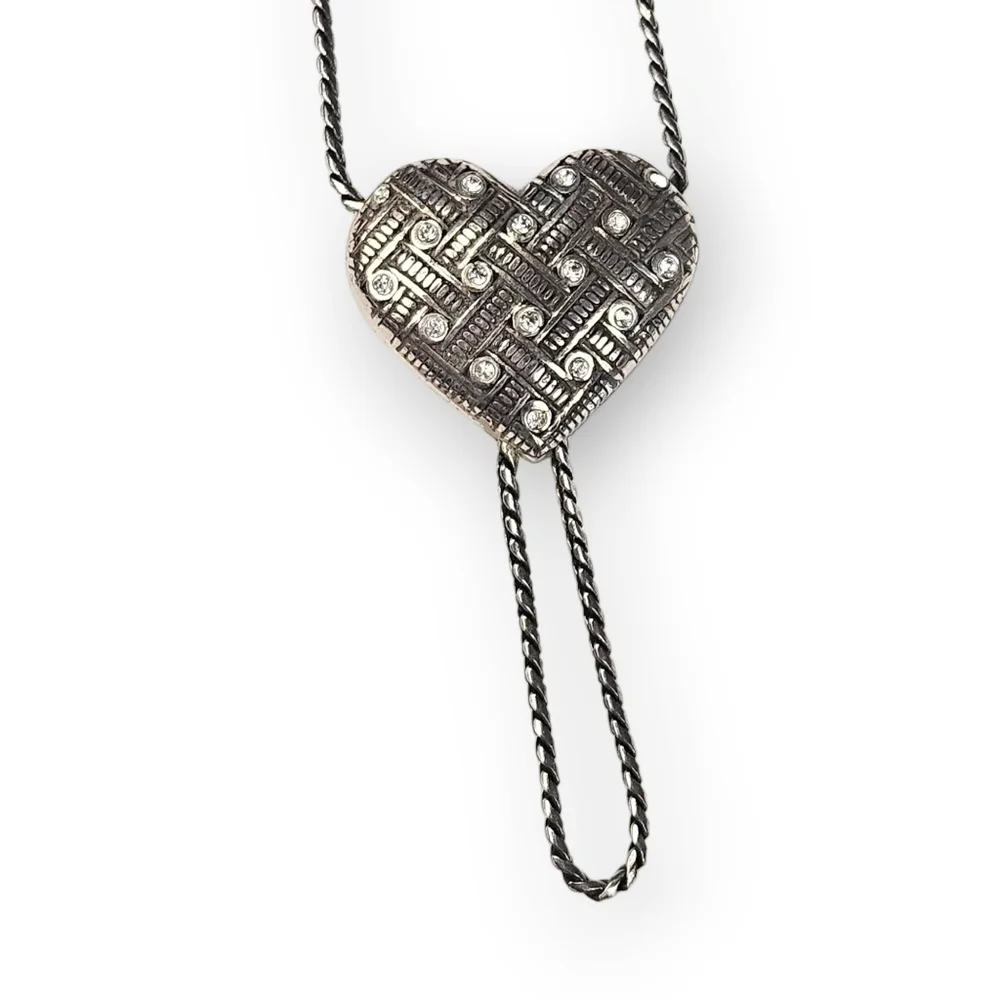 Brighton Crystal Heart Necklace Swarovski Silver Plated Reversible Lariat 20